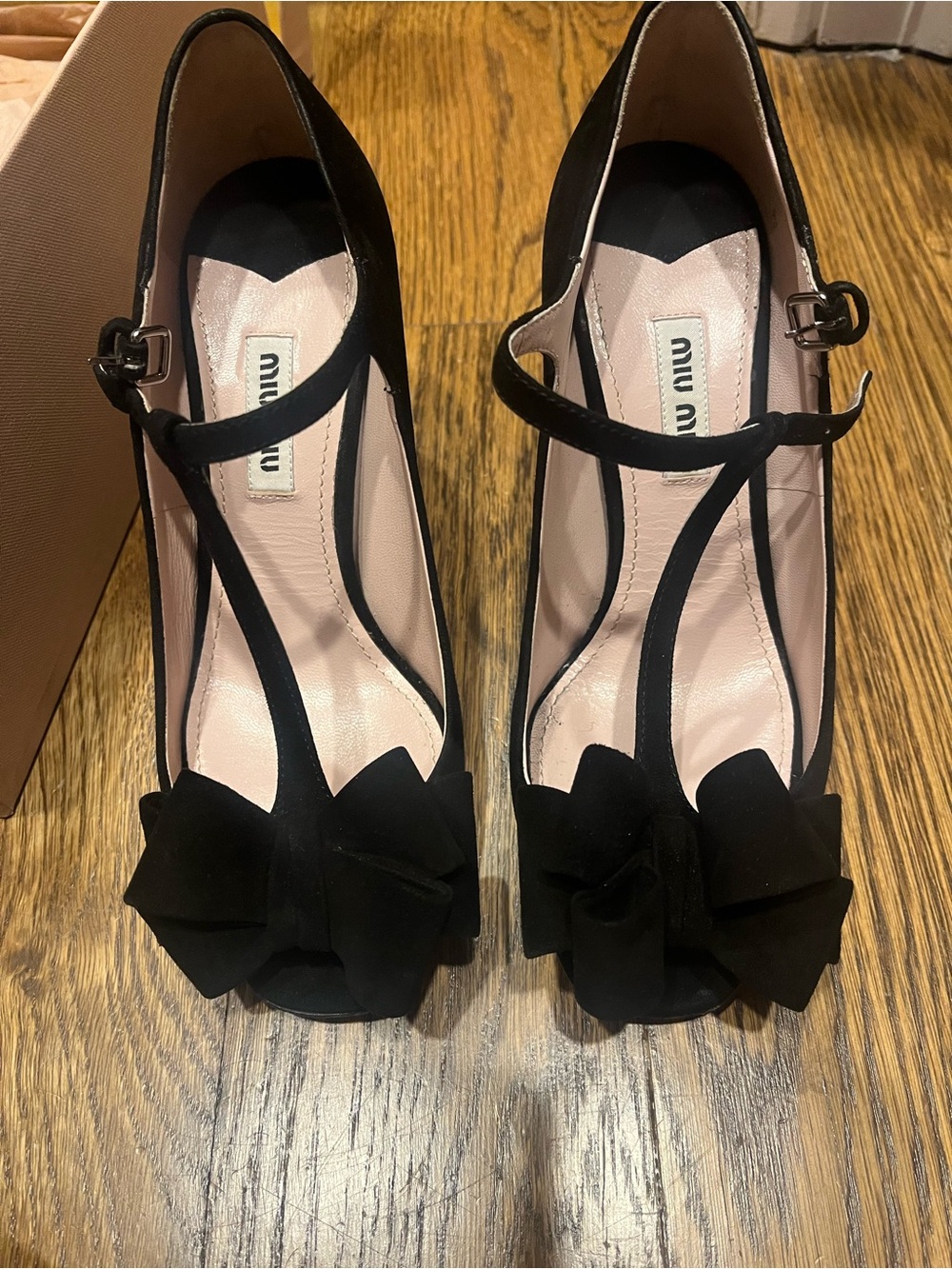 Miu Miu Black Suede Bow T-Strap Pumps with Pink Lining